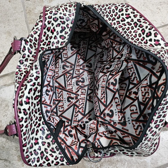 Guess Leopard Print Duffel Bag Burgundy Faux Croc Trim Bow Y2K Handbag Rare HTF - Picture 9 of 10
